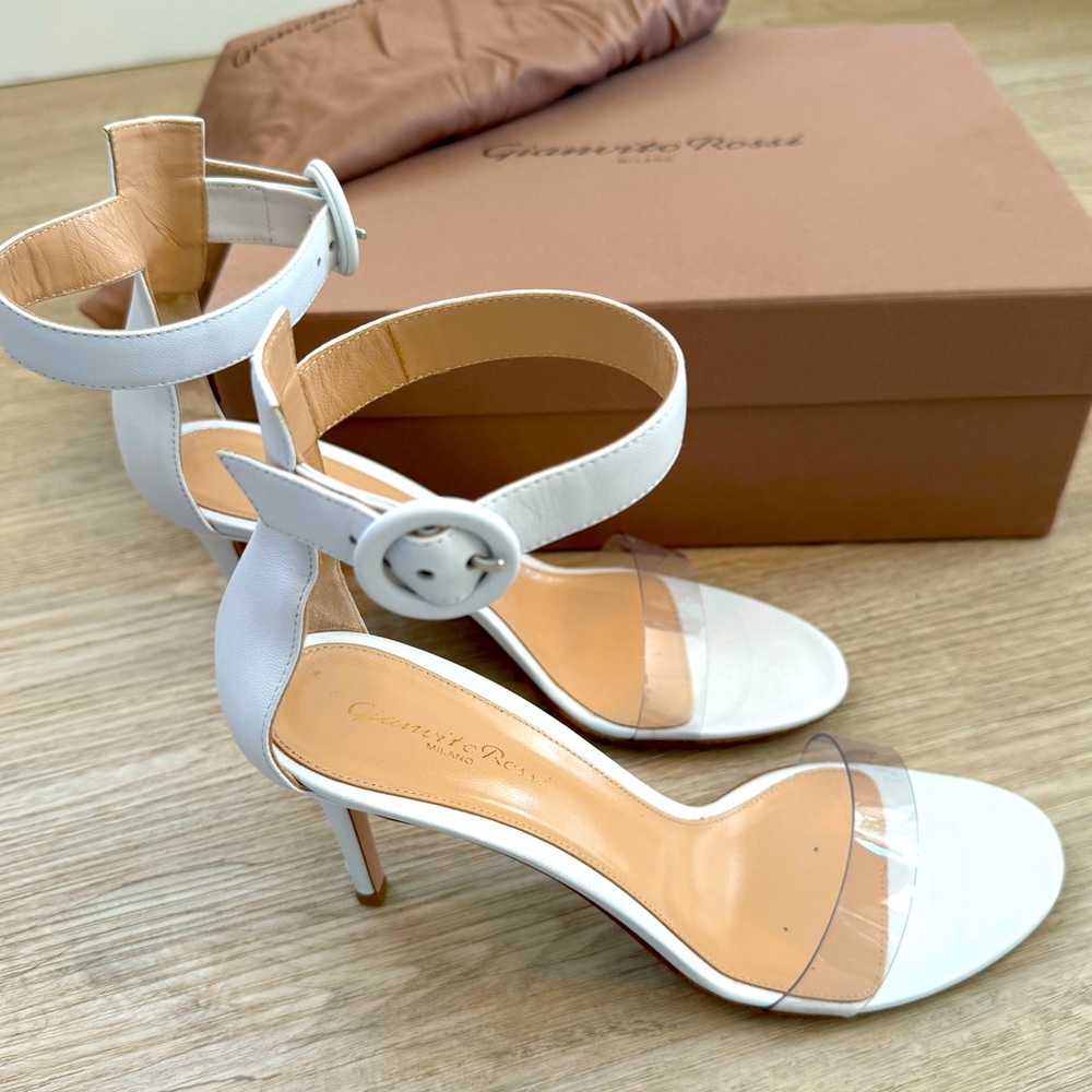 Gianvito Rossi Stella White Leather PVC Plexi Heels w/ Ankle Straps - EU 39.5